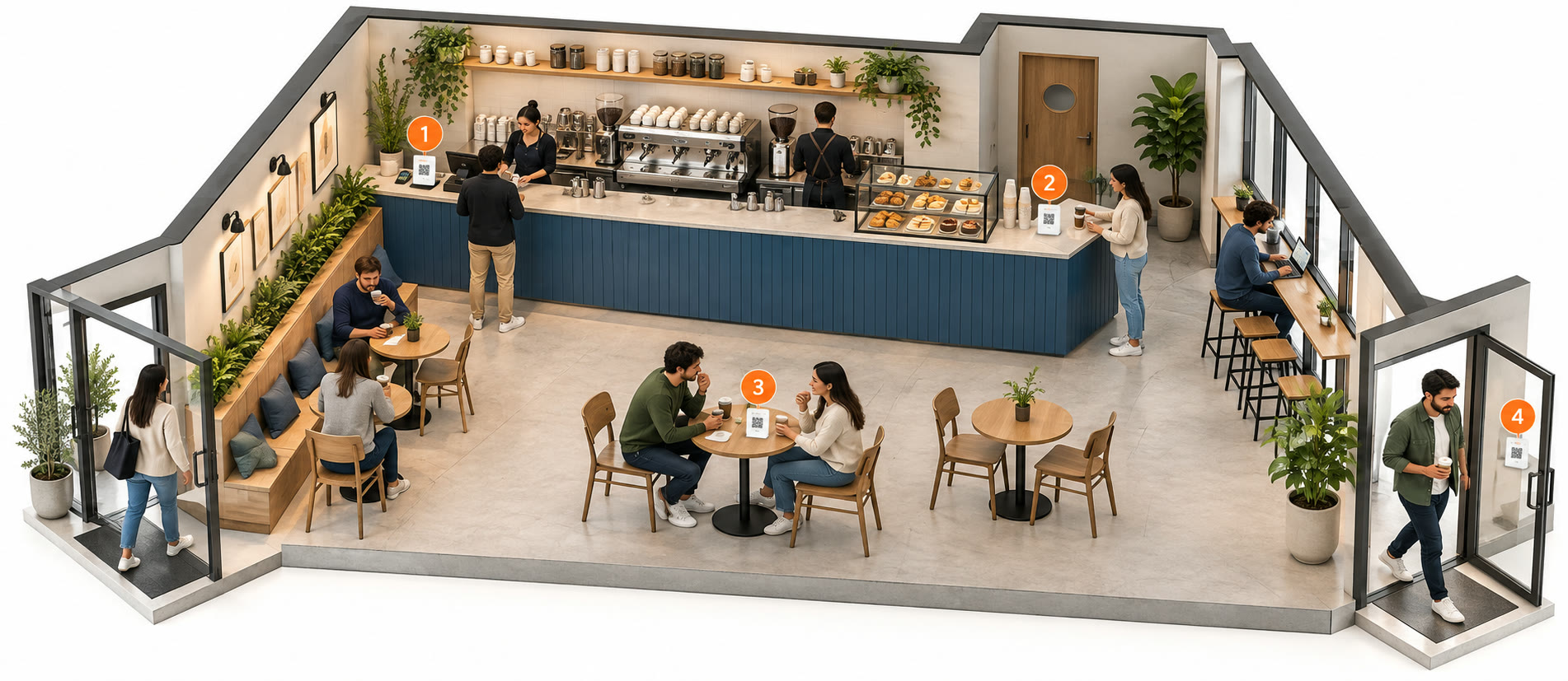 Ilustración de una cafetería con 4 puntos numerados donde se colocan placas y tarjetas NFC