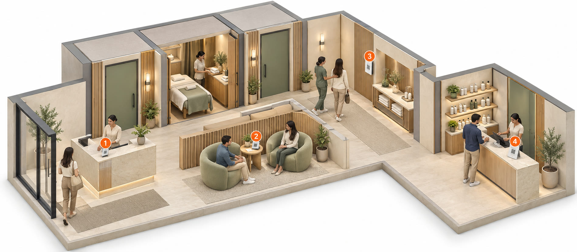 Ilustración de un spa con 4 puntos numerados donde se colocan placas y tarjetas NFC